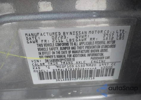 2023 Nissan Sentra S Xtronic Cvt z USA, uszkodzony, nr VIN 3N1AB8BV2PY230518